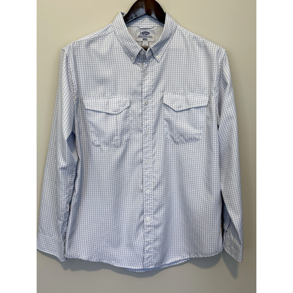 AFTCO Shirt Men L White Blue Plaid Performance Fishing Long Sleeve Button-Down